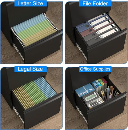 HOMOFFICE 2 Drawer File Cabinet with Lock, Metal Mobile Filing Cabinet on Wheels, Compact Desk Side Storage Cabinet for Home Office, Letter/Legal/A4 File Organizer with Anti-Tip Wheel (Black)