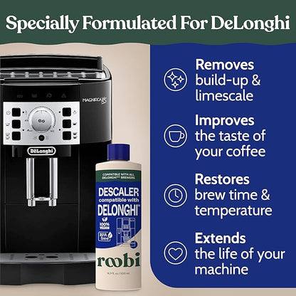 DeLonghi Compatible Descaling Solution. Clean & Descale your DeLonghi Coffee Maker. Single Bottle. Eco-Friendly Concentrated Formula. Carbon Neutral Cleaner Descaler Solution