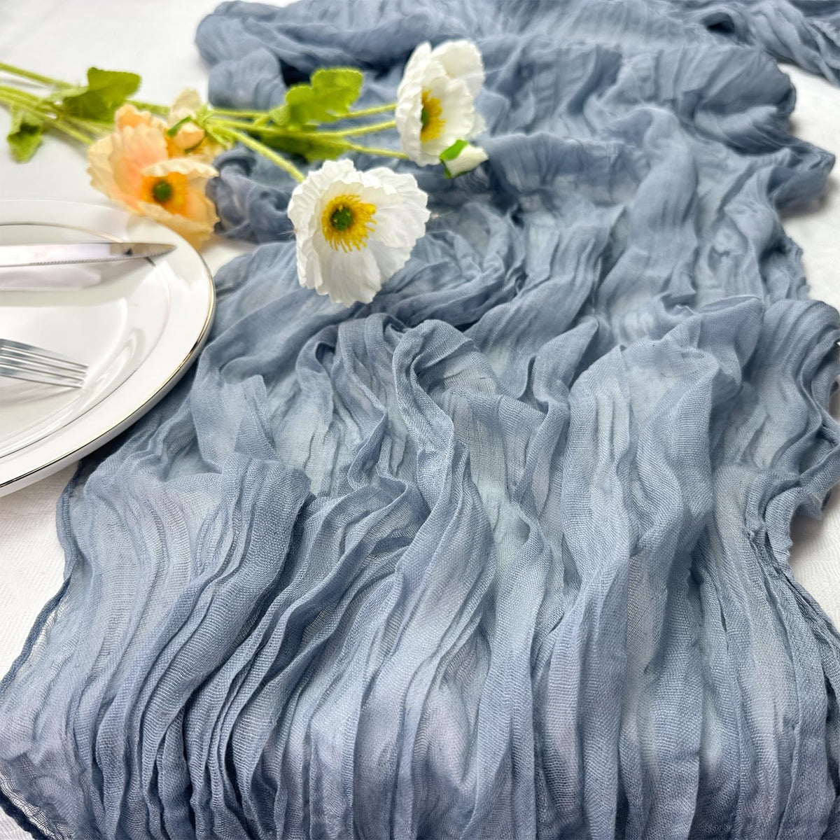 Booque Valley Dusty Blue Cheesecloth Table Runner 10ft Super Soft Boho Wrinkled Gauze Sheer Cloth for Baby Shower Baptism Birthday Party Wedding Centerpiece Table Decoration, 35x120 Inch