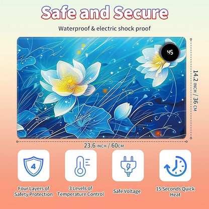 Heated Desk Pad Large Mouse Pad 23.6 x 14.1 inch with 3 Levels Heating & Auto Shut-Off Warm Mouse pad PU Leather Computer Mousepad for Home Office Work - Blue Lotus Flowers