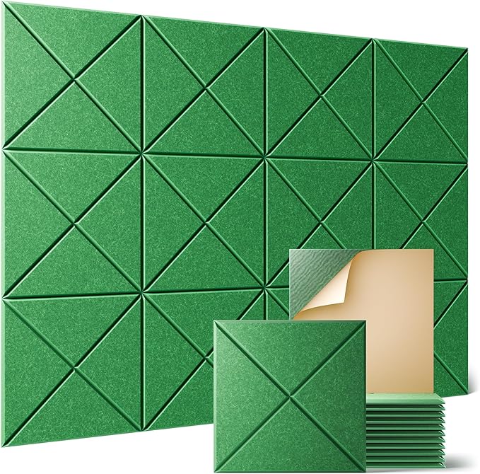 Sonicism 12 Pack X-Lined Acoustic Panels with Self-Adhesive, 12"X 12"X 0.4" Sound Proof Foam Panels, Decorative Soundproof Wall Panels, Sound Absorbing Tile for Home & Offices, Forest Green