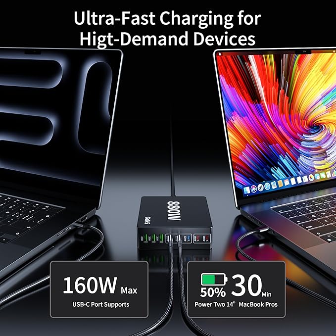 880W USB C Charger Block Charging Station 8 Port Fast Chager 140W PD PPS AVS HUB Laptop MacBook Charger Compatible with All iPhone 17 Pro Max/17 Air/16 SE/Samsung Galaxy 25/ MacBook Pro/Air/iPad Pro