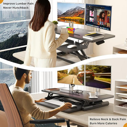 JOY worker Standing Desk Converter, 35" Wide Height Adjustable Sit Stand Up Desk Riser with Keyboard Tray, Desktop Workstation Riser for Home Office Computer Laptop, Particle Board, Black