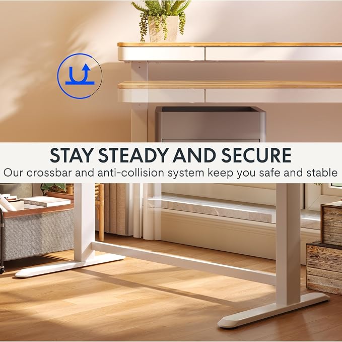 FLEXISPOT Electric Standing Desk with Drawer Storage Adjustable Height Quick Assembly Table w/USB Charge Ports, Child Lock （Natural Desktop + White Frame）