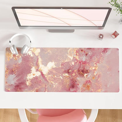 QIYI Large Mouse Pad, Cute Pink Desk Mat for Desktop, Women Girls PU Leather Waterproof Gaming, Rose Gold Marble Computer PC Laptop Protector Writing Pads for School Office Home 31.5" x 11.8"