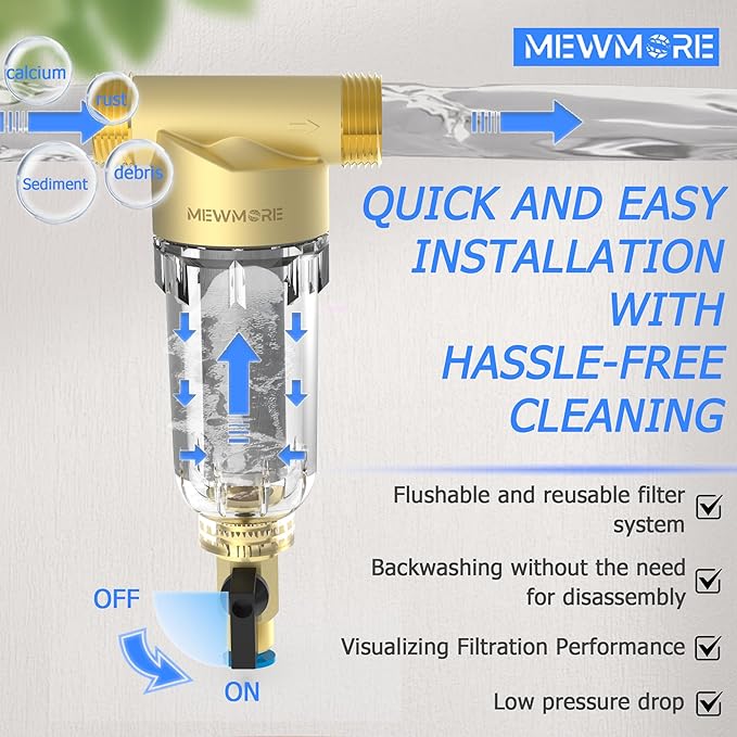 WHC40 Sediment Filter, 40 & 100 & 200 Micron Reusable Spin Down Sediment Water Filter, Whole House Water Filter for Well Water, Home Pre-filtration System, 1" MNPT + 3/4" FNPT + 3/4"MNPT