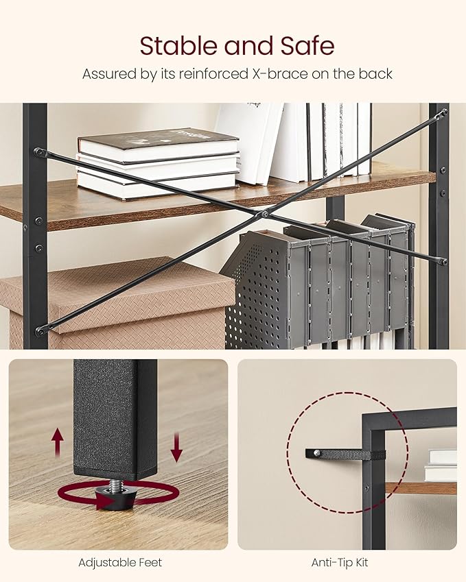 VASAGLE 5-Tier Bookshelf, Bookcase with Steel Frame, Book Shelf for Living Room, Home Office, Study, 11.8 x 31.5 x 60.2 Inches, Industrial Style, Rustic Brown and Ink Black ULLS081B01