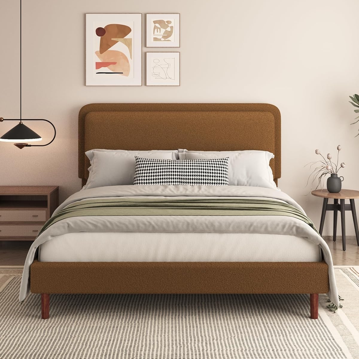 Queen Size Boucle Platform Bed Frame with Adjustable Headboard, Upholstered Cloud Bed, Solid Wooden Legs, Easy Assembly, No Box Spring Needed, Brown