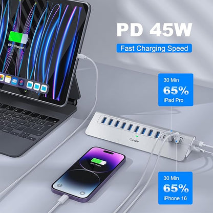 YH9AC Powered USB Hub 10Gbps, intpw 12 Port USB C Hub with 10Gbps USB C 3.2+2 USB A 3.2, 7 USB 3.0, 2 PD 45W Charging Port, 65W Power Adapter + 3.3FT Cable, Aluminum USB Hub for Laptop/iPhone 17/16/PC