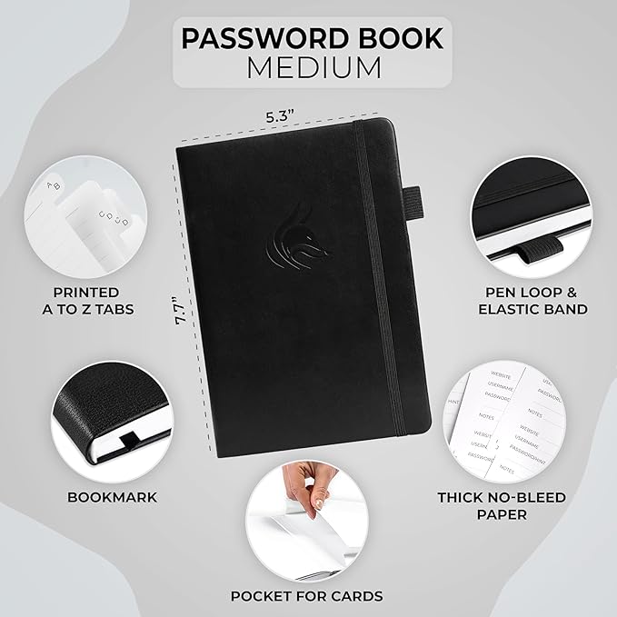 Clever Fox Password Book with alphabetical tabs. Internet Address Organizer Logbook. Medium Password Keeper for Website Logins (Black)