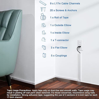 153in Wall Cable Hider, Cord Hider to Hide 3-4 Cords, TV Wire Hider for Wall, Cable Management Kit, Cable Raceway White, Paintable Cable Concealer, 9 x L17in x W1.18in x H0.6in