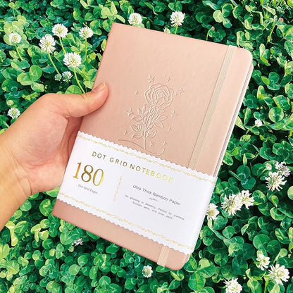 BUKE Dotted Notebook Journal 180GSM Bamboo Thick White Paper 160 Pages 5 * 5MM Dot Grid, Lay Flat Binding,Colored Silver Edges, Bookmarks and Expandable Back Pocket (BKP-4) ROSE