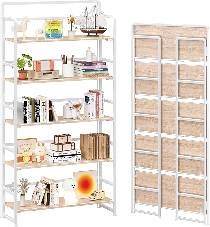 4NM No Assembly Extra Wide 5 Tiers Folding Bookshelf Storage Shelves Vintage Bookcase Standing Racks Study Organizer Home Office (Natural White)