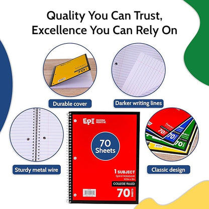 EPI Spiral Notebook | 1 Subject - College Ruled - 70 Sheets, Durable Spiral Binding | 10.5 x 8 in | Classroom Supplies | School, Office, Note Taking, Journaling - 48 Pack