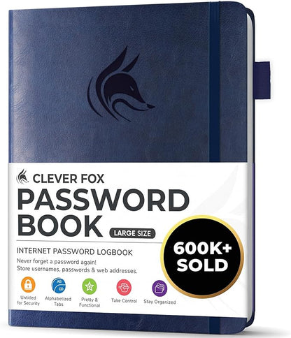 Clever Fox Password Book with alphabetical tabs. Internet Address Organizer Logbook. Large Password Keeper for Website Logins (Dark Blue)