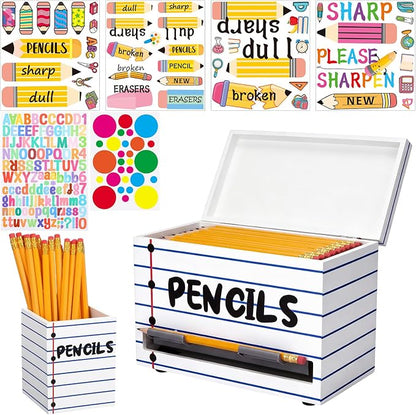 Mifoci Wooden Pencil Dispenser Kit for Classroom Wooden Pen Holder Straw Dispenser Sharp and Dull Letter Stickers for Teachers Classroom Supplies Storage(Notebook Line)