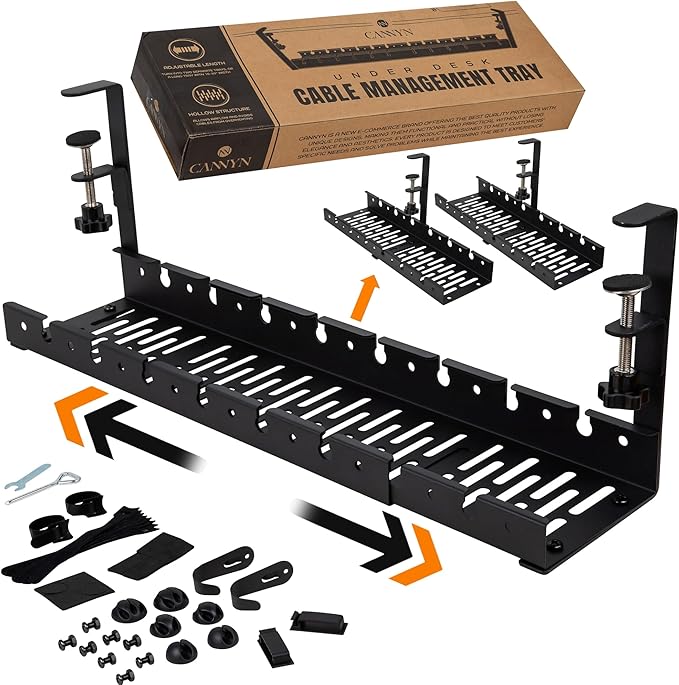 No Drill Under Desk Cable Management Tray - Extendable 16" to 31" Sturdy Steel Desk Cord Hider Raceway - Under Desk Cable Tray Holder with 38 Wire & Cable Rack Organizer Accessories - Black