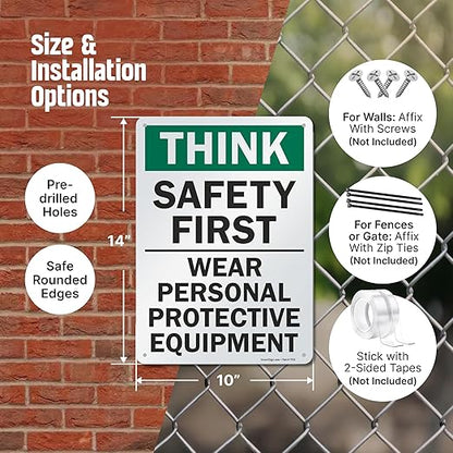 SmartSign - S-2917-AL-14 "Think Safety First - Wear Personal Protective Equipment" Sign | 10" x 14" Aluminum 10" x 14" Non-Reflective Aluminum