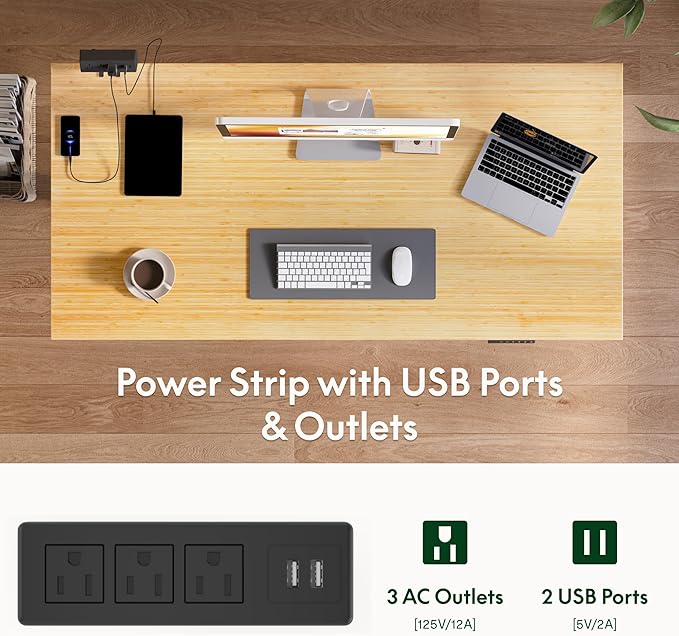 FLEXISPOT EN2 Whole-Piece Bamboo Standing Desk with Clamp Power Strip, 48 x 24'' Electric Stand Up Height Adjustable Desk with Cable Management (Black Frame + 48" Bamboo Top, 2 Packages)
