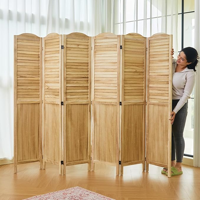 Room Dividers, 5.75Ft Individual Privacy Screens Foldable Wooden Louver & MDF Stable Wall Divider for Home Office Bedroom, 6 Panels (Natural)