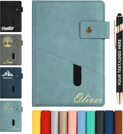 ENOMY Personalized Notebook & 10 PC Pens Set A5 Notebook with Ribbon Bookmark PU Leather Custom Notebook Cover for College Graduation Birthday Business Gifts, Light Blue