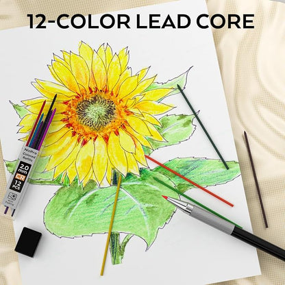 Nicpro 33PCS Black Metal Mechanical Pencil Set in Leather Case, Art Drafting Pencil 0.3, 0.5, 0.7, 0.9 mm, 2mm Lead Holders for Sketching Drawing With 18 Tube (6B 4B 2B HB 2H 4H Colors) Lead Refills
