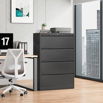 Bestoo 4-Drawer File Cabinet with Lock, Metal Filing Cabinet for Home Office, Lateral Filing Storage Cabinets, Fits File Folders, Letter/Legal/F4/A4 Sizes, Assembly Required (Black)