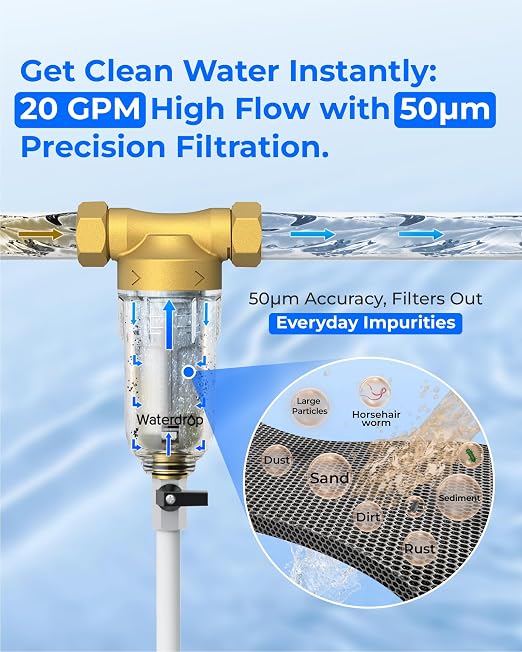 Waterdrop RPFK Spin Down Sediment Filter, 40-50 Micron, BPA Free | Backwash Whole House Water Filter System for Well Water, 1" MNPT + 3/4" FNPT + 3/4" MNPT, Traps Sand