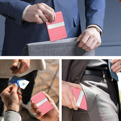 Business Card Holder for Women or Men, Business Card Case with PU Leather and Stainless Steel, Slim Metal Case with Magnetic Closure for Business Meeting Use