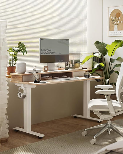 FEZIBO 48 x 24 Inch Height Adjustable Electric Standing Desk with Double Drawer, Stand up Home Office Computer Desk with 4 Height-Adjustable Feets & 2 Hooks,Maple