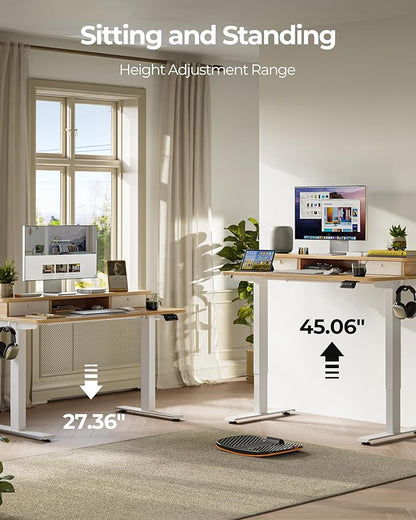 FEZIBO 40 x 24 Inch Height Adjustable Electric Standing Desk with Double Drawer, Stand up Home Office Computer Desk with 4 Height-Adjustable Feets & 2 Hooks, Maple