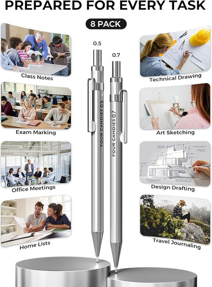8PCS Metal Mechanical Pencil Set, 0.5mm & 0.7mm, Pack with Storage Case | 480 Leads, 3 Erasers+9 Refills, for School Writing, Sketching, Art Drawing & Professional Drafting