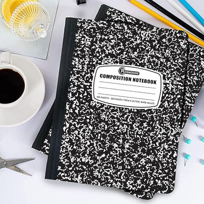 Rosmonde 50 Pack Composition Notebooks Bulk Wide Ruled, 200 Pages (100 Sheets), 9-3/4 x 7-1/2, Hard Cover, Bulk Black Marble Composition Notebook, Bulk Office Notebooks, Bulk Notebooks School Supplies