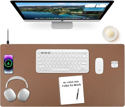 Wireless Charging Mouse Pad Firelison 2 in 1 Leather Multifunctional Office Desk Pad with Non-Slip Rubber Base, Waterproof Desk pad for Computers/Office/Work/Home/Decor（ 32" x 16"Buff - L