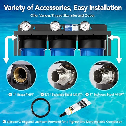 HQUA WF3-02 3-Stage Free-Standing Whole House Water Filtration System, Reduces Heavy Metals (Lead, Mercury, Copper, Nickel, Chromium), Chloramine, Sediment, Odor, and VOC’s