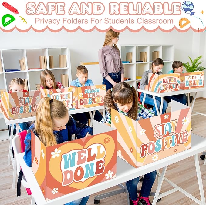 Honoson 24 Pcs Bulk Inspirational Privacy Folders for Students Cardboard Test Privacy Boards Motivational Words Desk Dividers Shield for Classroom School Study Supplies, 6 Styles(Groovy)