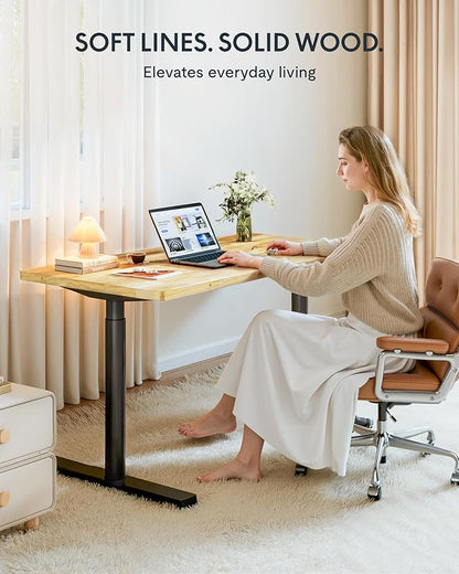 FLEXISPOT Solid Rubberwood Electric Standing Desk with Elegant Oval Legs, 63"x24" Height Adjustable Desk for Home Office & Living Spaces (Black Frame)