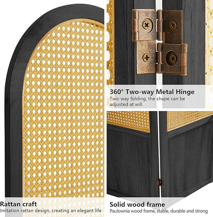 Asnefeli Room Divider 4 Panels, Folding Privacy Screen, Foldable Wood Rattan Room Divider Panel, Portable Partition Screen, Wall Divider for Room Separation Bedroom Home Office Garden Terrace (Black)