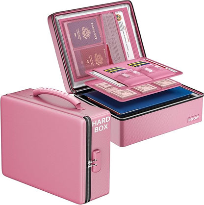 ENGPOW Fireproof Document Box with Lock & Heat-Resistant Fireproof Zipper | 6400°F 12-Layer Fire Protection, Hard File Organizer with Pockets, Portable Home Chest Safe Storage for Money,Jewelry, Pink