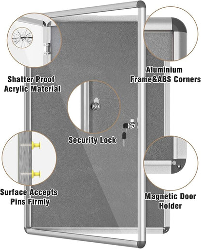 Mifuro 36"x24" Enclosed Bulletin Board, Lockable Weather-Resistant Aluminum Cork Noticeboard for School & Office, Silver Frame w/Grey Flet