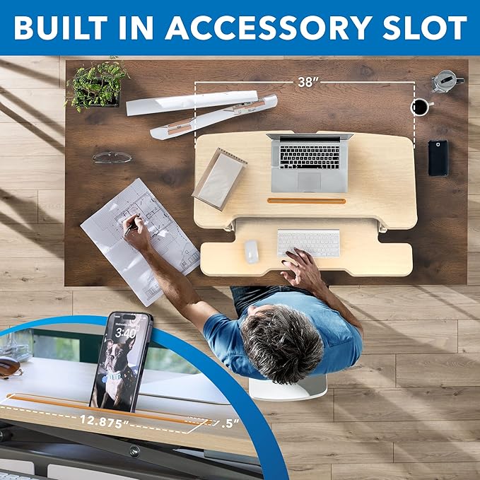 Mount-It! Height Adjustable Standing Desk Converter, 38” Wide, Desk Riser for 2 Monitors, Manual Gas Spring Sit Stand Desktop Raises to 16.9", Fits Two Monitor Screens with Keyboard Mouse Tray Maple