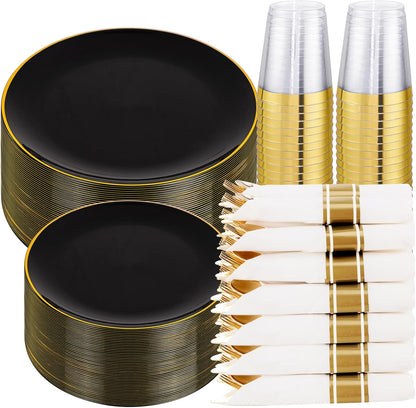 KIRE 350 PCS Plastic Dinnerware Set for 50 Guests - Black and Gold Plates 50 for Dinner 50 for Dessert & 50 Pre Rolled Napkins with Disposable Silverware 50 Cups for New Year/Banquet/Wedding
