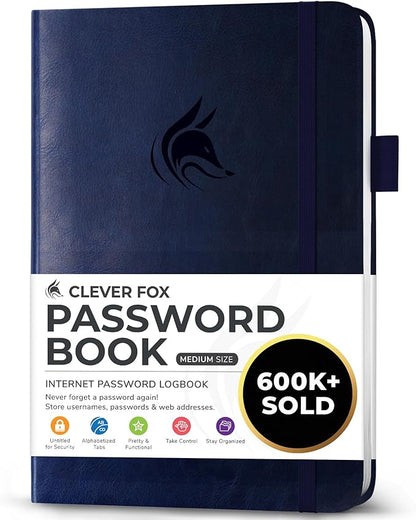 Clever Fox Password Book with alphabetical tabs. Internet Address Organizer Logbook. Medium Password Keeper for Website Logins (Dark Blue)