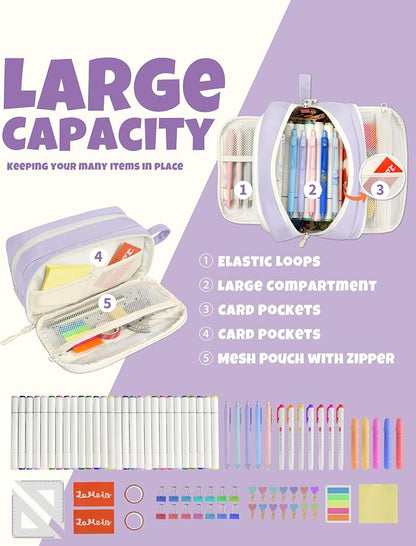 SUNEE Large Pencil Case, Big Capacity Pen Pouch with 3 Compartments, Kawaii Pencil Bag with Zipper, High Storage Stationery Holder and Organizer, School Supplies for Teen and Adult Girls, Light Purple