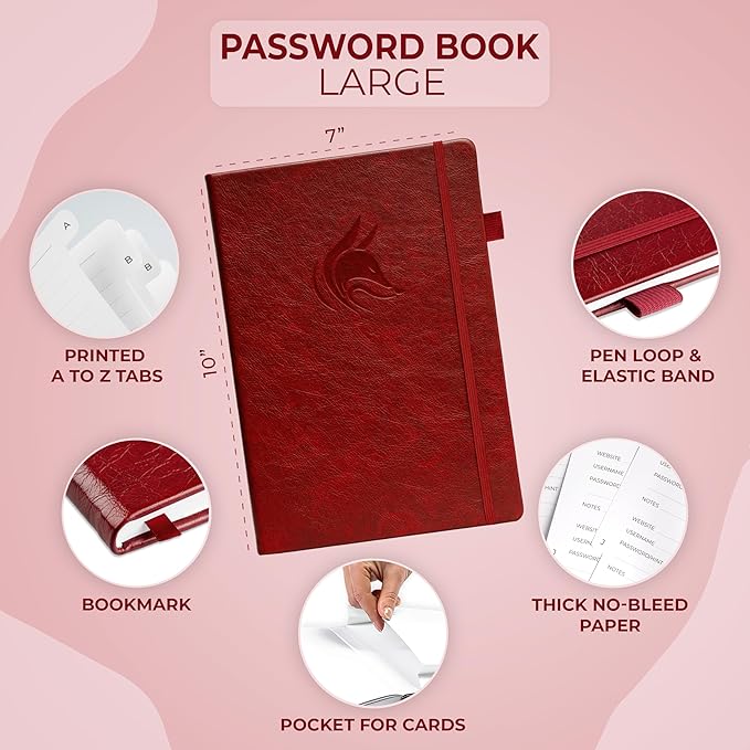 Clever Fox Password Book with alphabetical tabs. Internet Address Organizer Logbook. Large Password Keeper for Website Logins (Wine Red)