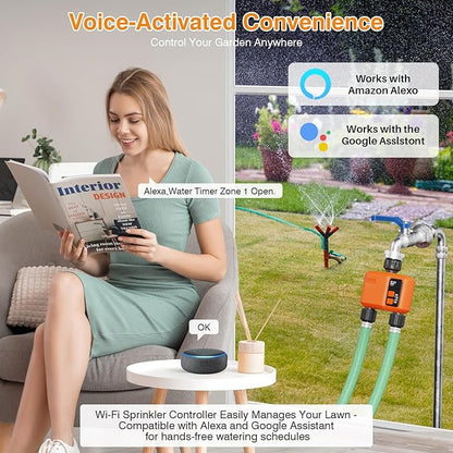WiFi Water Timer for Garden Hose with 984 ft Range,Smart 2- Zone Sprinkler Timer, APP & Remote Control, Voice Control,Rain Delay, Manual Mode Sprinkler System, Lawn Sprinklers for Yard Large Area