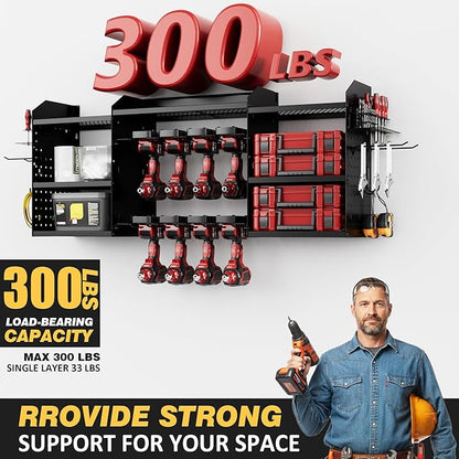 VDEVY Power Tool Organizer Wall Mount with Charging Station, Heavy-Duty Metal Garage Tool Storage Rack & 8 Outlet Power Strip, 51 Inch 3 Tier 8 Bin Shelves for Workshop Organization