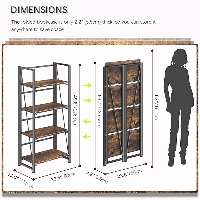 4NM No Assembly Folding Bookshelf Storage Shelves 4 Tiers Vintage Bookcase Standing Racks Study Organizer Home Office (Rustic Brown Black)