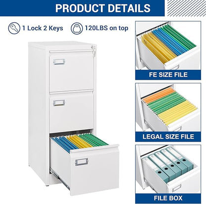 Fesbos 3 Drawers Vertical File Cabinets - 17.8" Deep Lockable Filing Cabinet - White Metal Storage Cabinets for Home Office to Hanging Files Letter/Legal/F4/A4 Size