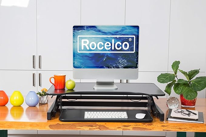 Rocelco 32" Height Adjustable Standing Desk Converter - Slide Out Retractable Keyboard Tray - Sit Stand Up Double Monitor Riser - Dual Piston Lift Assist Tabletop Computer Workstation - Black (R ADRB)